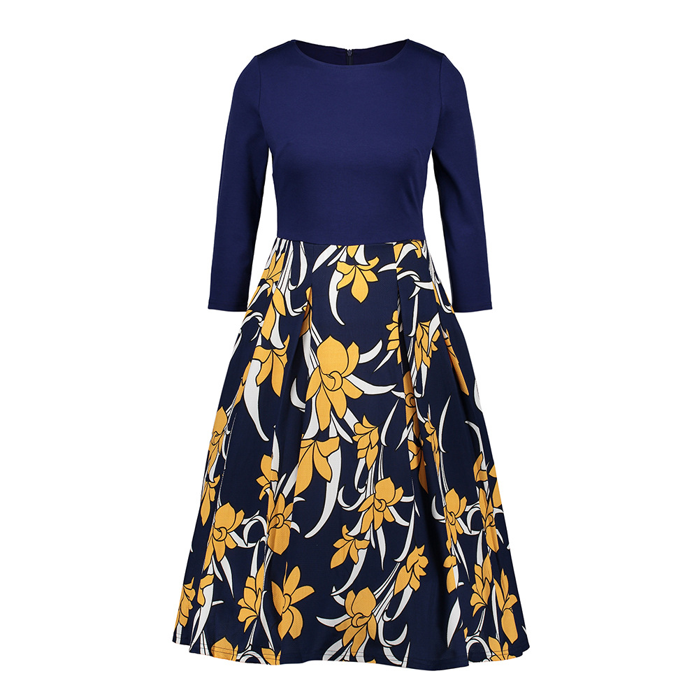 sd-16987 dress-navy and yellow flower